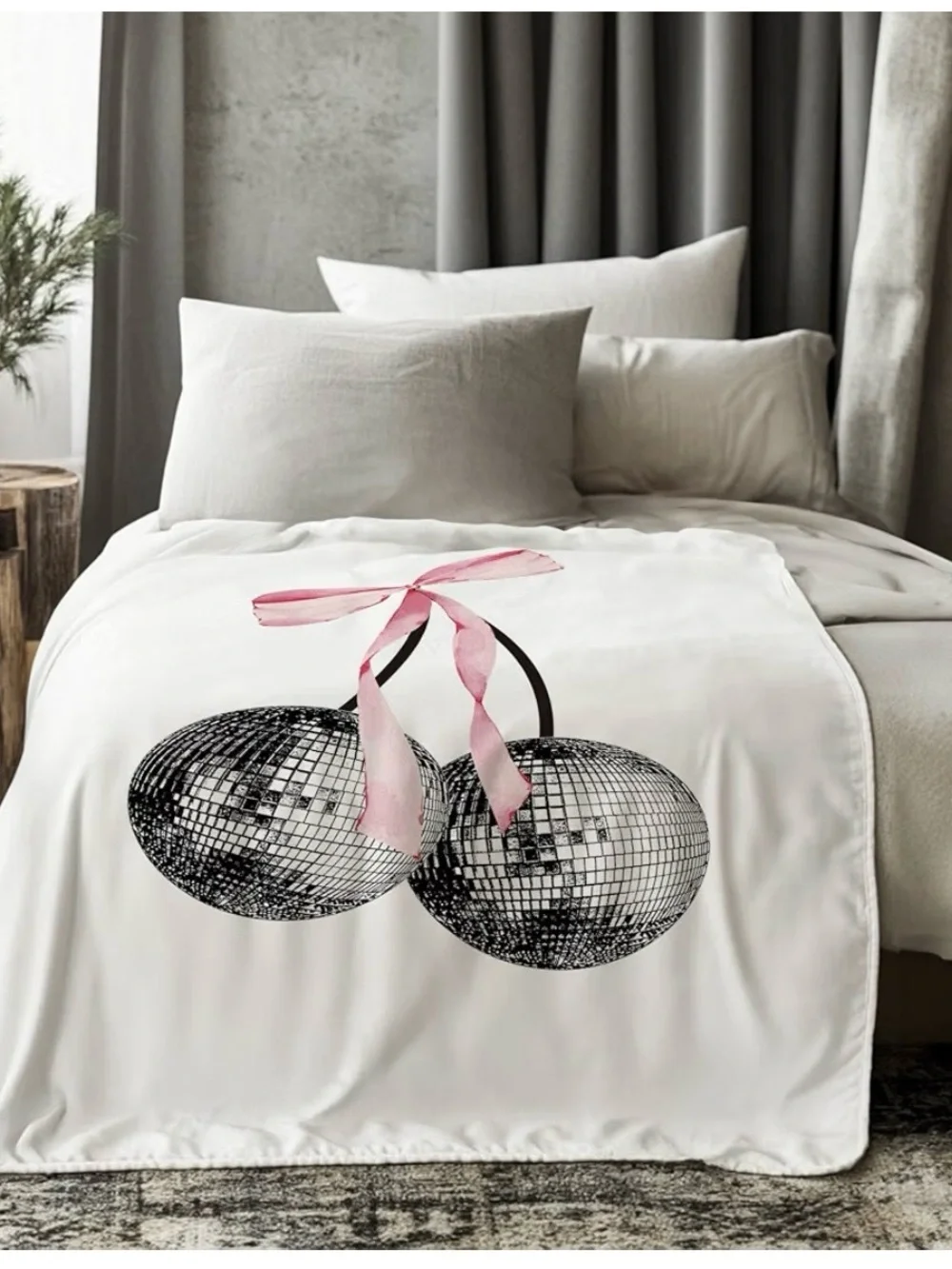 White Cherry Disco Throw Blanket with Pink Ribbon